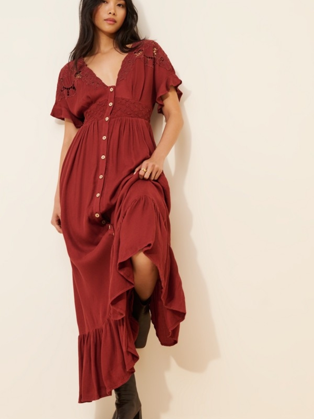 Free People Rust Red Button-Front Maxi Dress